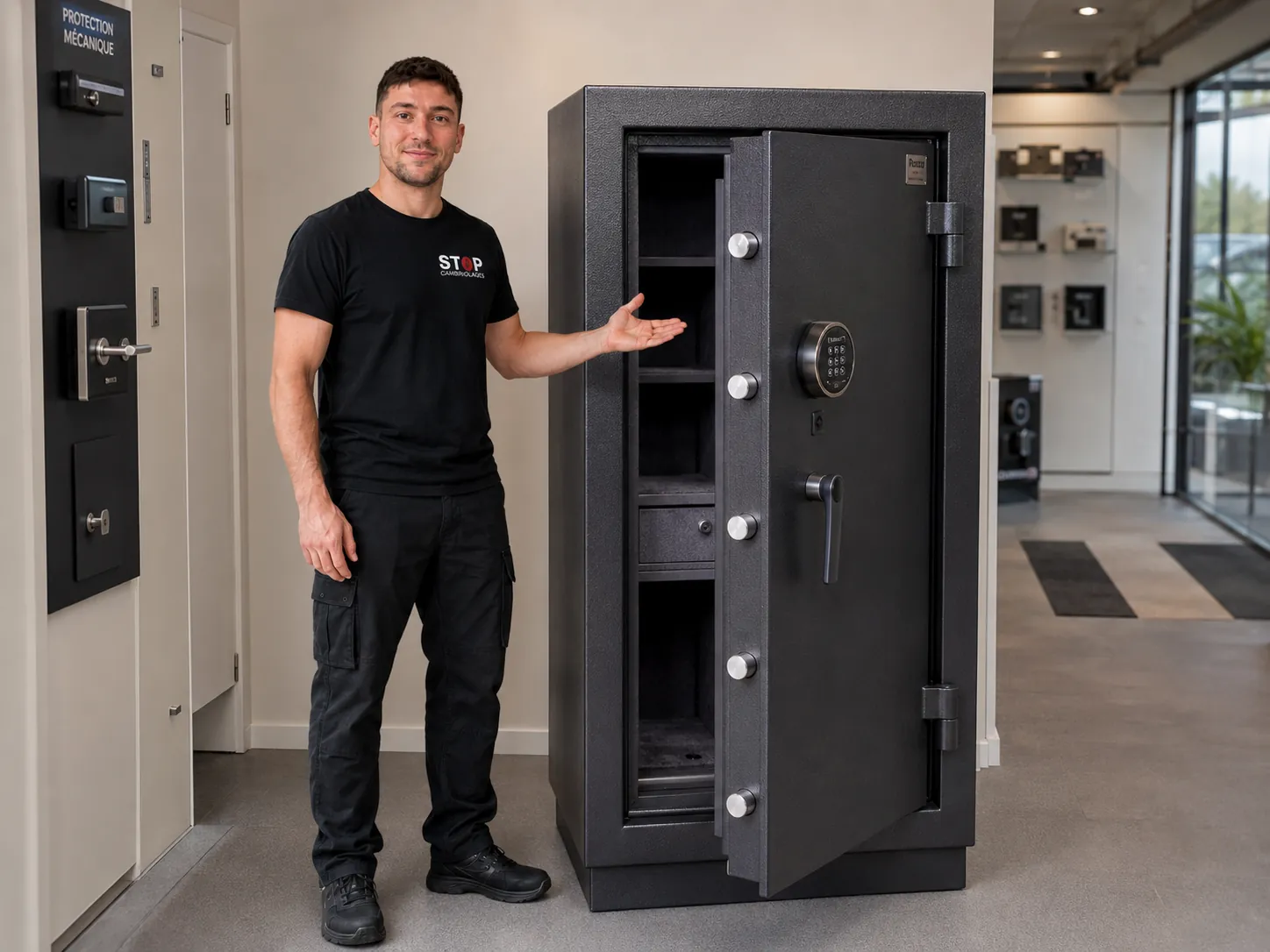 Serrurier Stop-Cambriolages présentant un coffre-fort certifié en showroom